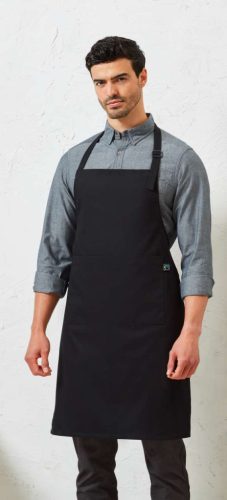 Mellrészes kötény, 100% tanúsított Fairtrade pamutból, állítható, zsebes modell - Fekete